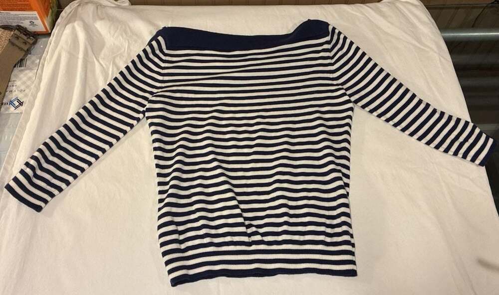 Lauren Ralph Lauren Nautical Striped Sweater M Navy Cream Gold Buckle Coastal - Picture 7 of 7